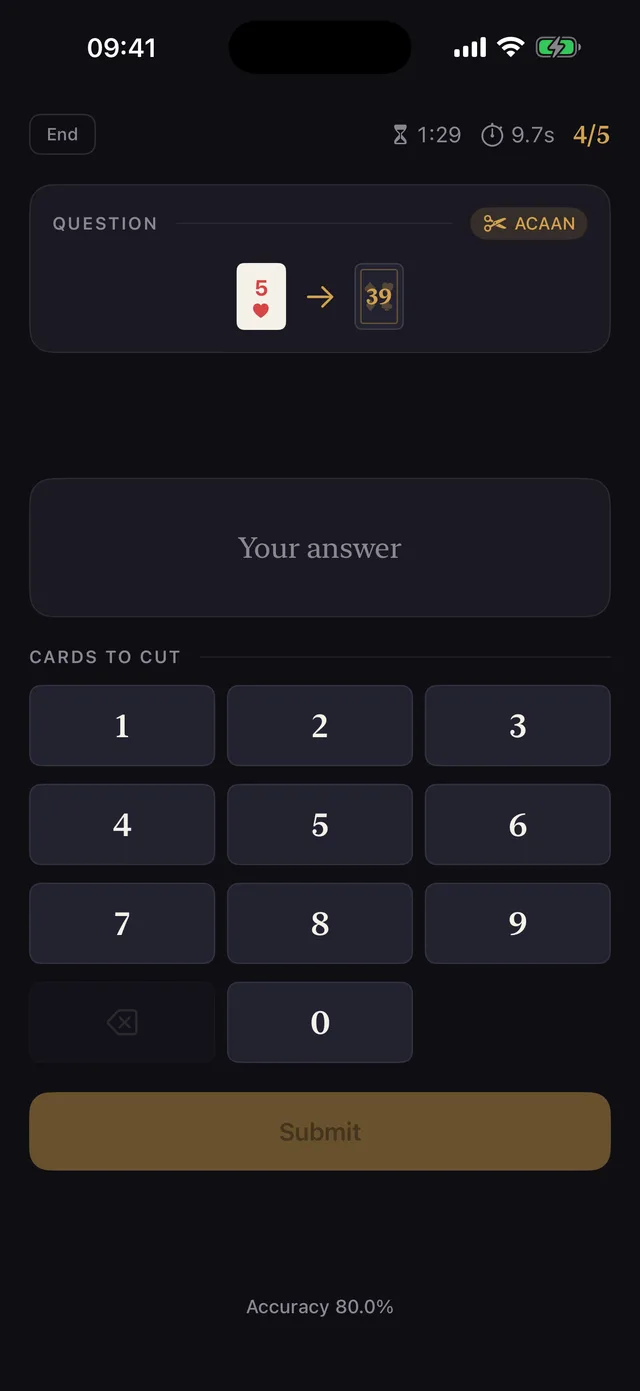 Sesión de entrenamiento ACAAN en Mnemonica — Stack Trainer: una carta y un número objetivo con teclado numérico para responder el corte