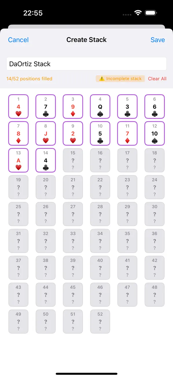 Custom stack builder screen with a partially filled 52-card layout