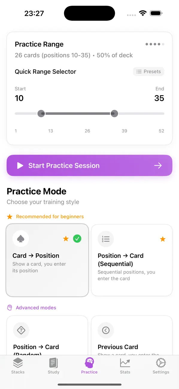 Practice screen of Mnemonica: Stack Trainer showing a practice range selector and training modes