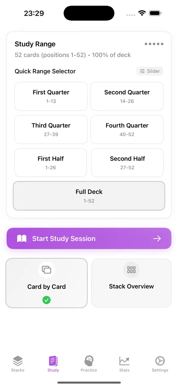 Study mode with quick range selector: quarters, halves, or the full deck